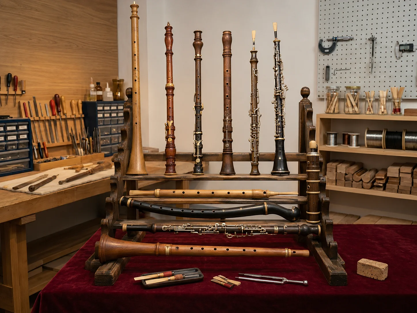 Historical woodwind on a workbench
